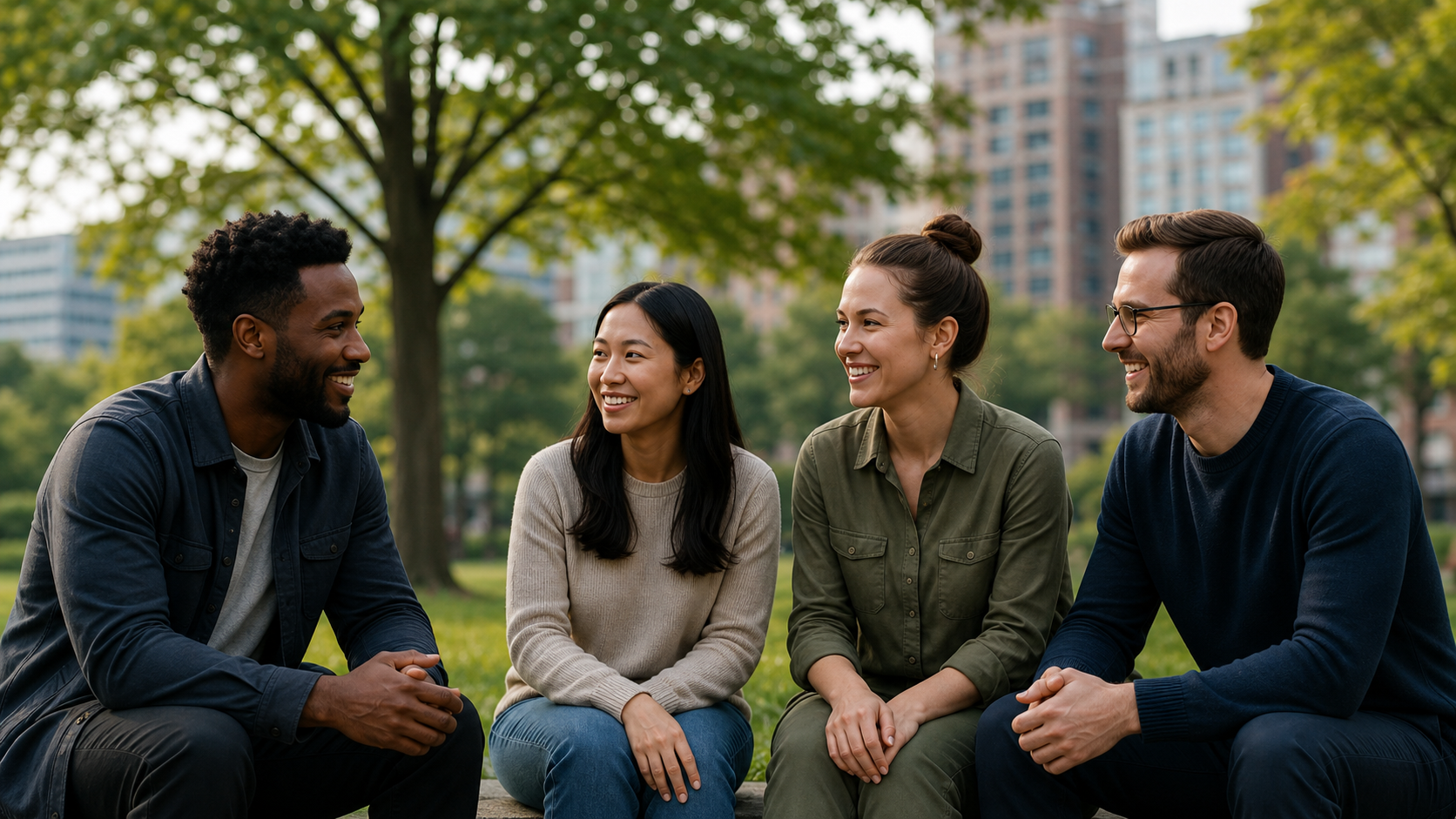 Four professionals talking together in a park.