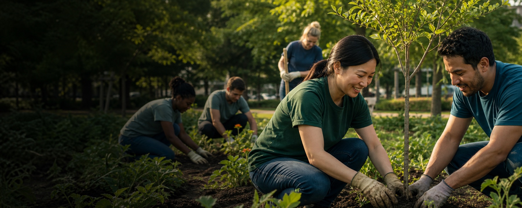 Community volunteers planting a young tree together.