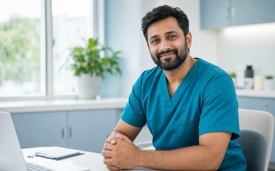 A healthcare professional in teal scrubs in a bright clinic.