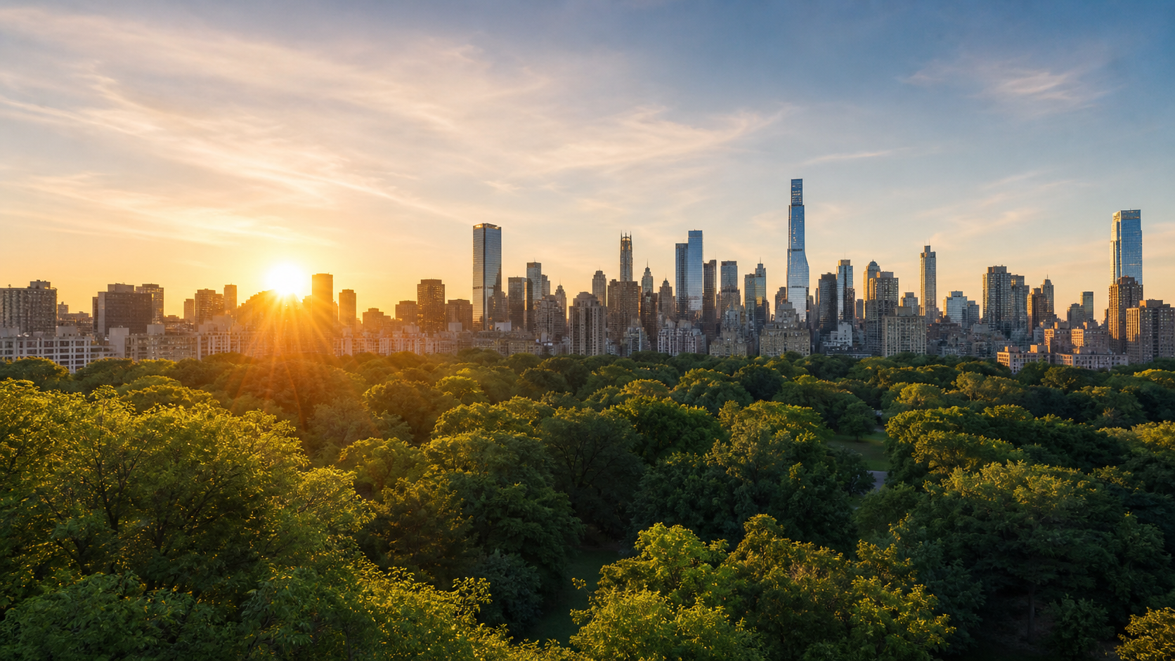 City skyline above green parkland at sunrise.