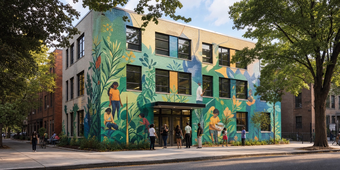 A neighborhood community center with a colorful nature mural.