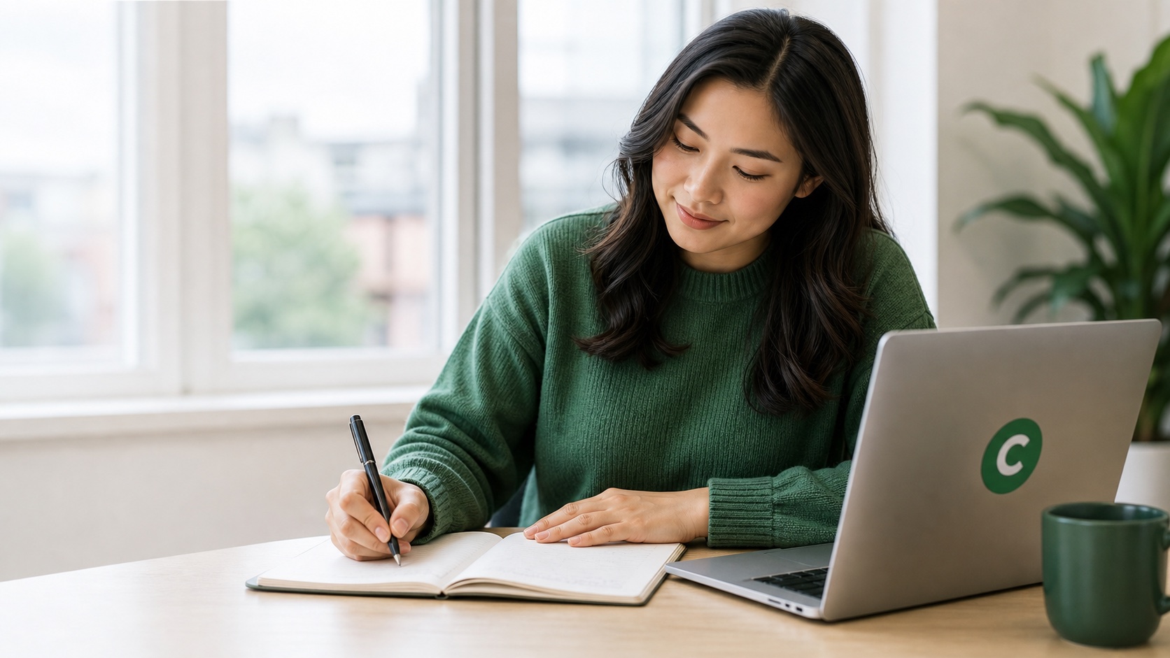 Woman writing at a desk with a laptop and Civic Impact mug.